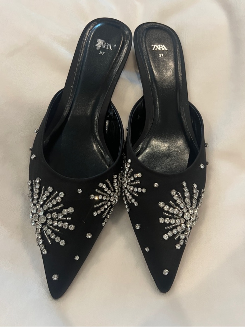 Zara Black Pointed Kitten Heels Embellished with rhinestones size 37